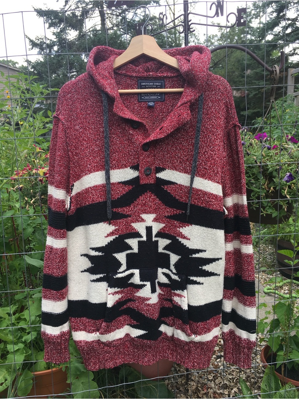 American Eagle Outfitters Maroon Black and Cream Patterned Zip-Up Hooded Sweater